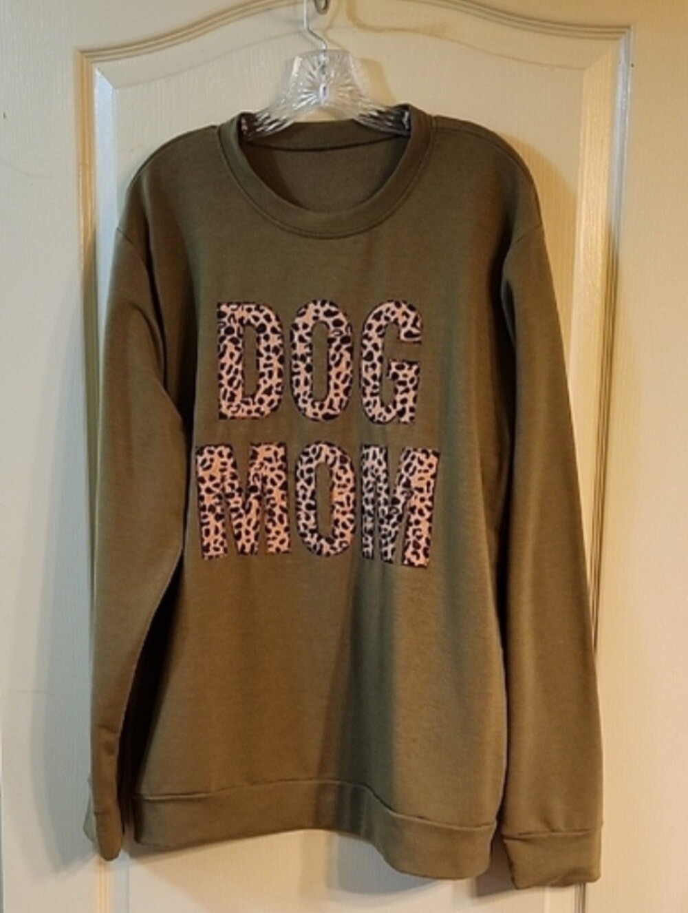 'DOG MOM' Olive Green Sweatshirt with Leopard Print Lettering